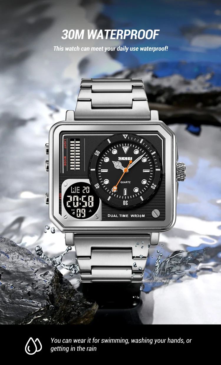 SKMEI Full Steel Back Light Analog Digital Sport Watches Mens Casual 2 Time Chrono Wristwatch Waterproof Clock reloj hombre
