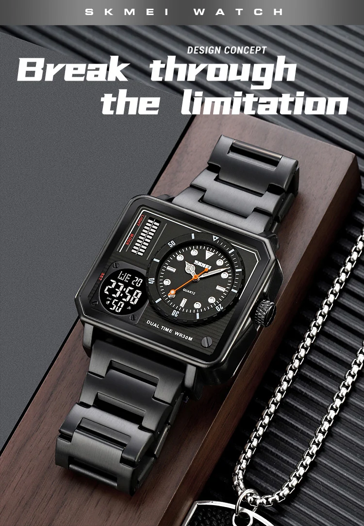 SKMEI Full Steel Back Light Analog Digital Sport Watches Mens Casual 2 Time Chrono Wristwatch Waterproof Clock reloj hombre