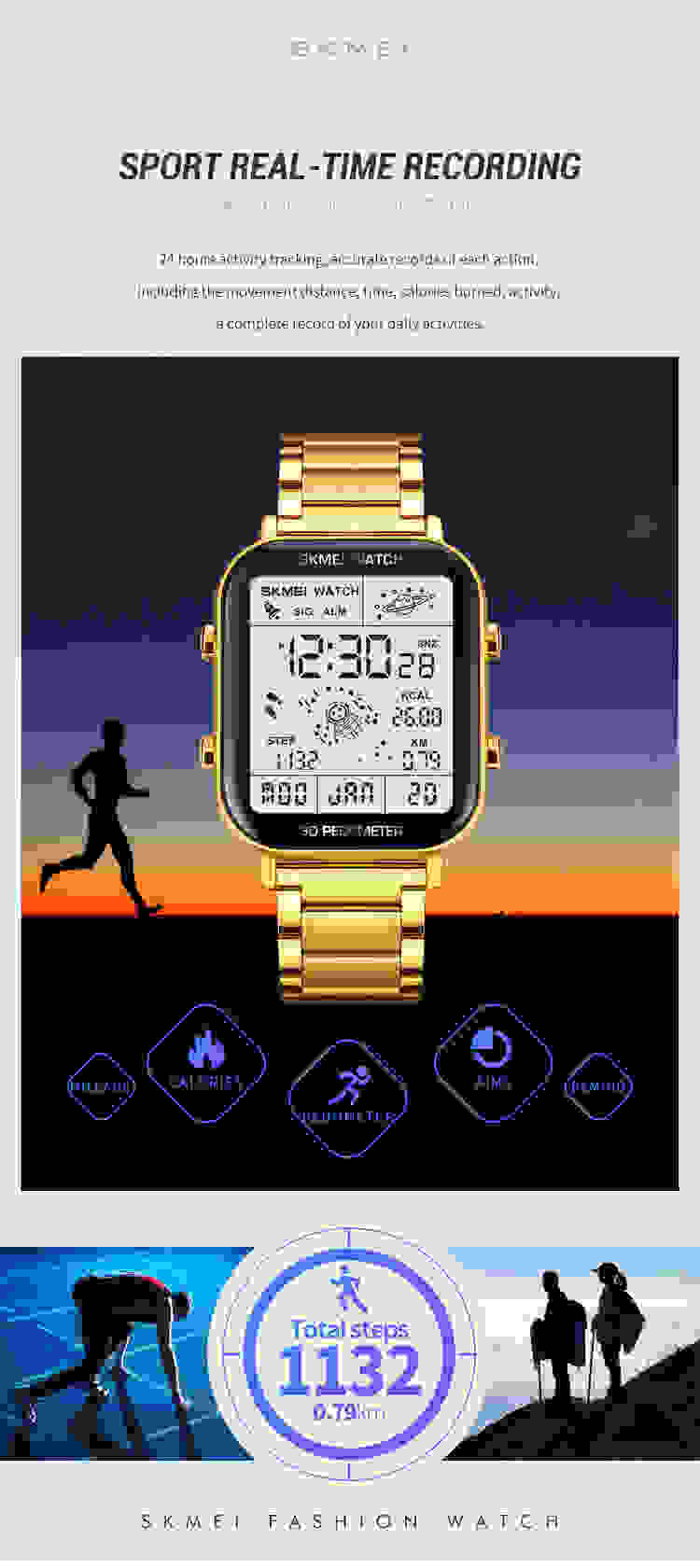 SKMEI Fashion Sport Pedometer Calorie Calculation Digital Watches Men Stopwatch Countdown Wristwatch Calendar Clock reloj hombre