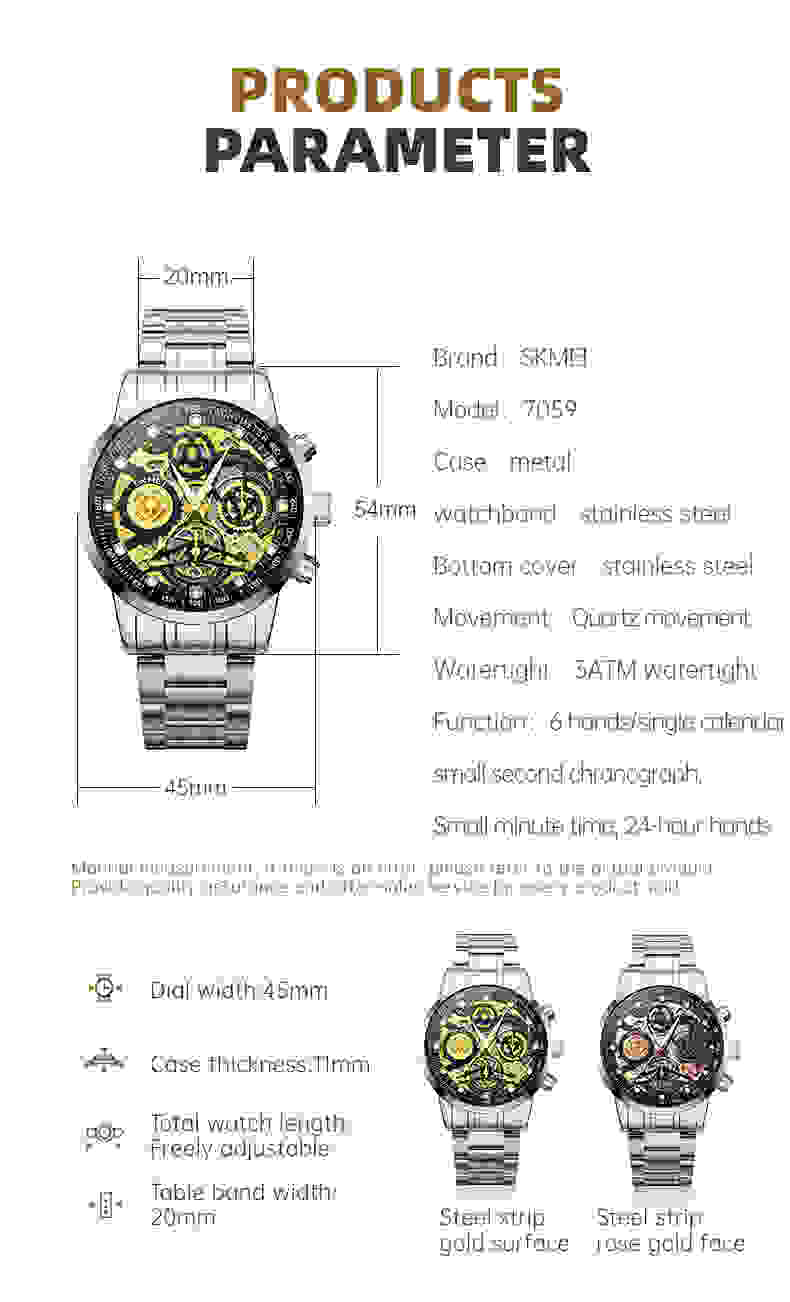 SKMEI New Luxury Stainless Steel Chronograph Wristwatch Mens Japan Quartz movement Calendar Watches Waterproof Relogio Masculino