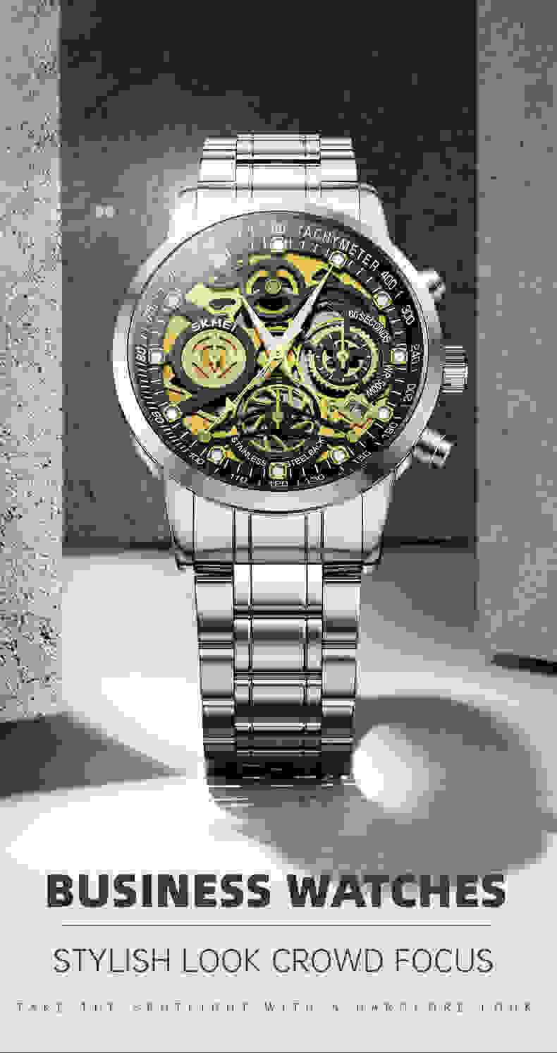 SKMEI New Luxury Stainless Steel Chronograph Wristwatch Mens Japan Quartz movement Calendar Watches Waterproof Relogio Masculino