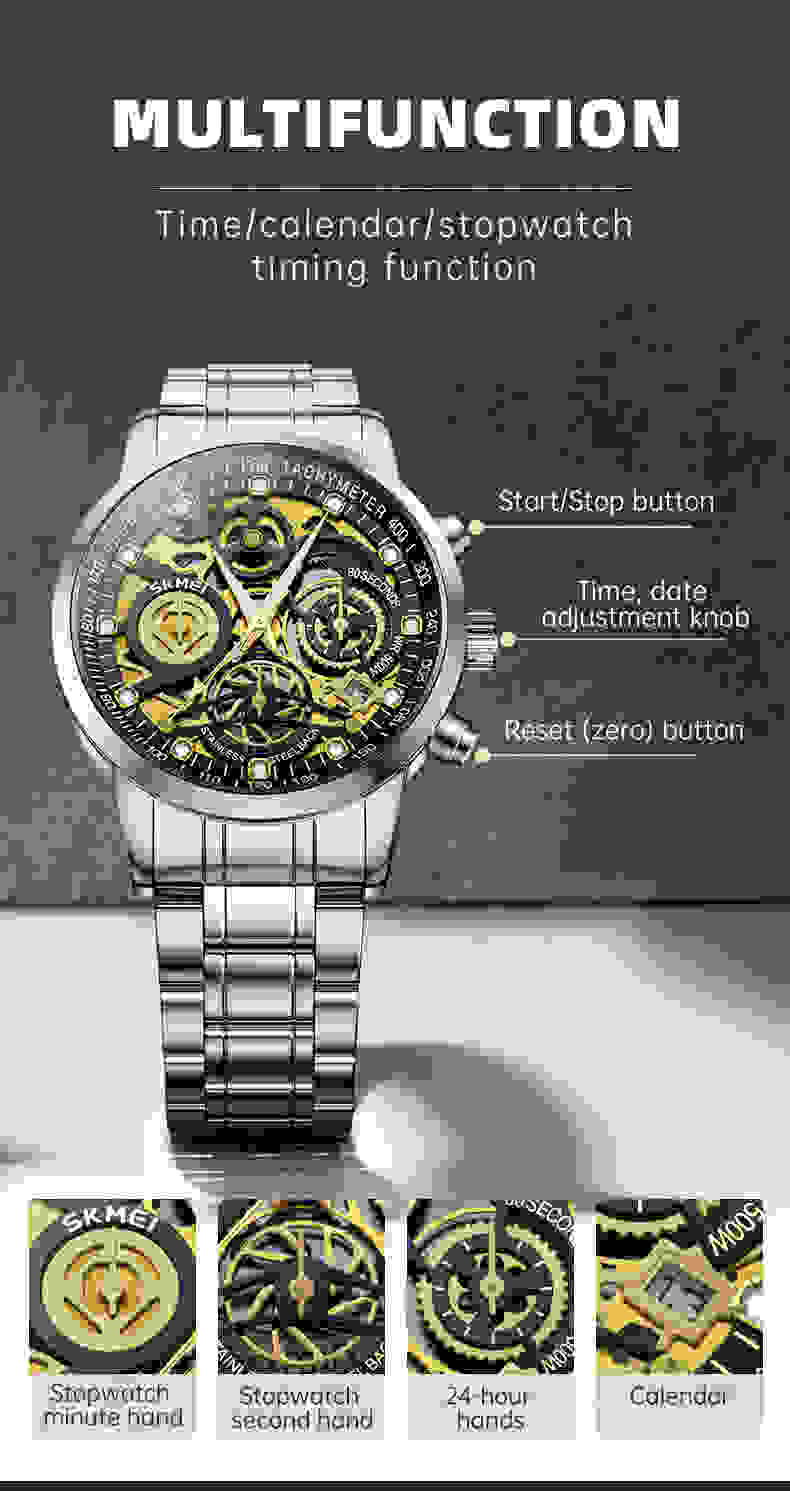 SKMEI New Luxury Stainless Steel Chronograph Wristwatch Mens Japan Quartz movement Calendar Watches Waterproof Relogio Masculino