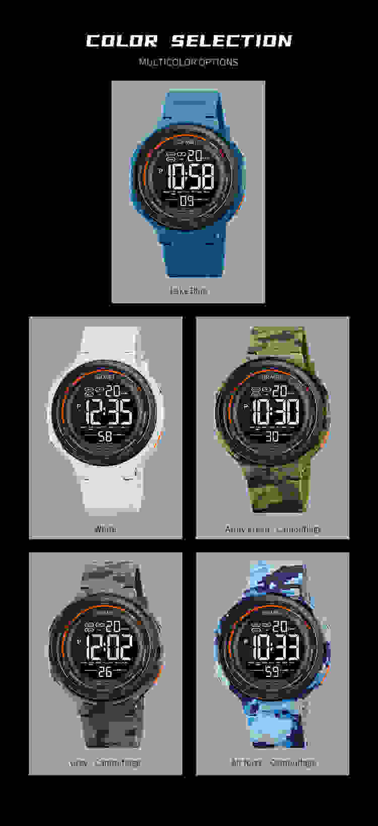 SKMEI Japan Digital movement LED Light Countdown Mens Sport Watches Fashion Camouflage 5Bar Waterproof Wristwatch Alarm Clock