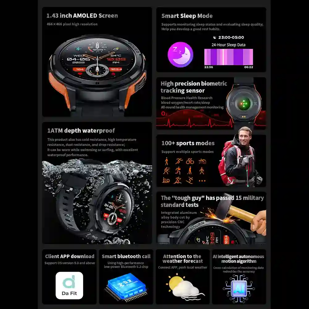 SKMEI Full Touch AMOLED Hours Display Bluetooth Call Digital Sport Watches Mens Pedometer Countdown Clock Waterproof Wristwatch