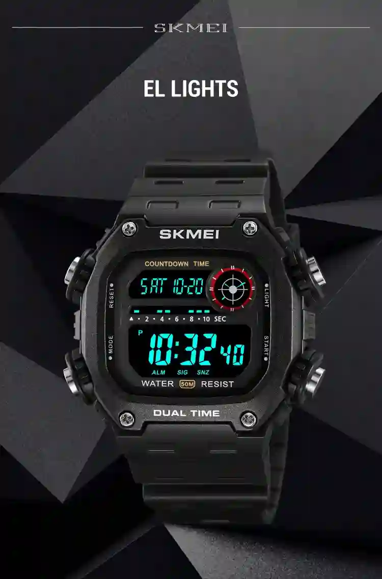 SKMEI Top Brand Back Light Dightal Countdown Sport Watches Mens Fashion 5Bar Waterproof Stopwatch Wristwatch Alarm montre homme