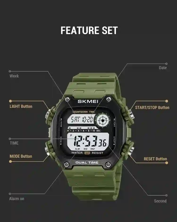 SKMEI Top Brand Back Light Dightal Countdown Sport Watches Mens Fashion 5Bar Waterproof Stopwatch Wristwatch Alarm montre homme