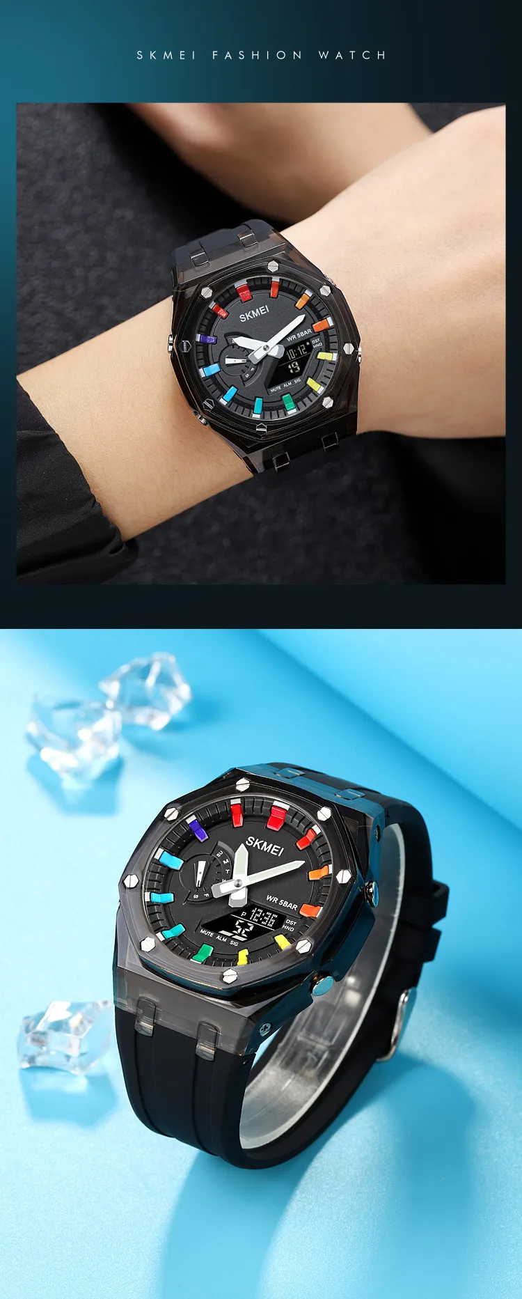 SKMEI 2100 Outdoor Men Digital Watch Colourful LED Display Watches Waterproof Shock Resistant Mens Wristwatch Clock reloj hombre