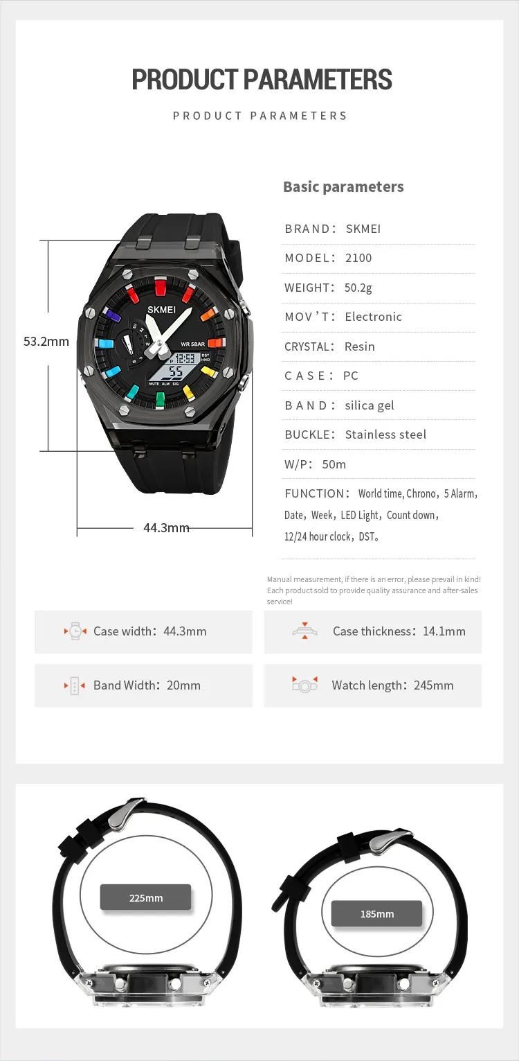 SKMEI 2100 Outdoor Men Digital Watch Colourful LED Display Watches Waterproof Shock Resistant Mens Wristwatch Clock reloj hombre