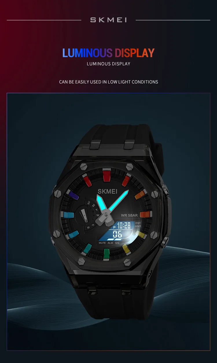 SKMEI 2100 Outdoor Men Digital Watch Colourful LED Display Watches Waterproof Shock Resistant Mens Wristwatch Clock reloj hombre