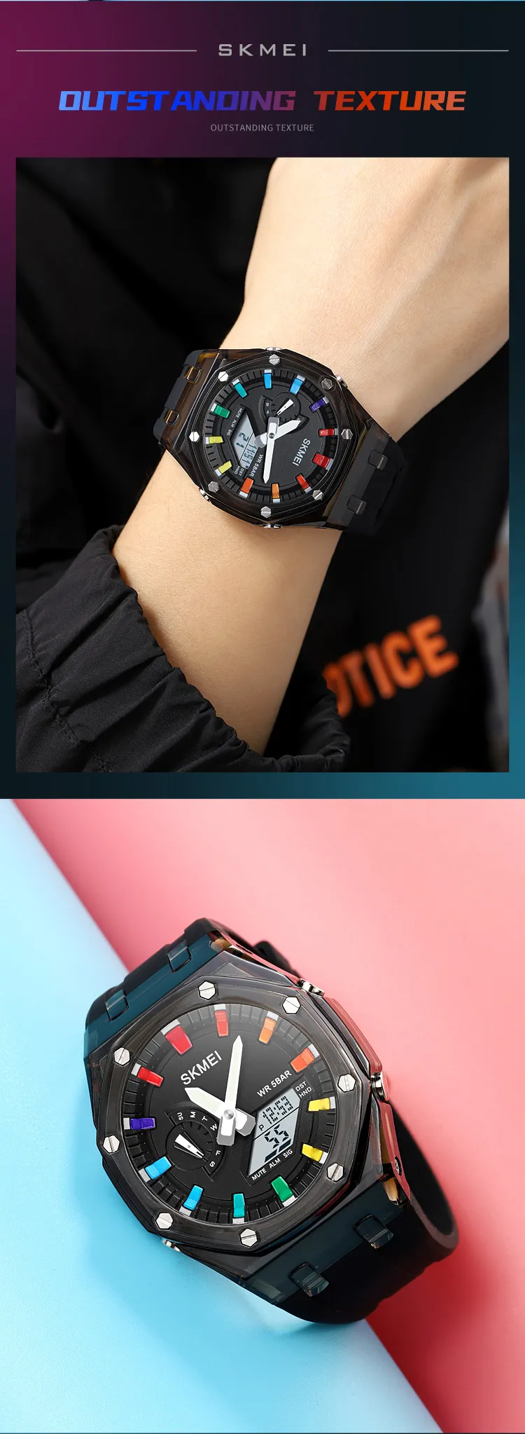 SKMEI 2100 Outdoor Men Digital Watch Colourful LED Display Watches Waterproof Shock Resistant Mens Wristwatch Clock reloj hombre