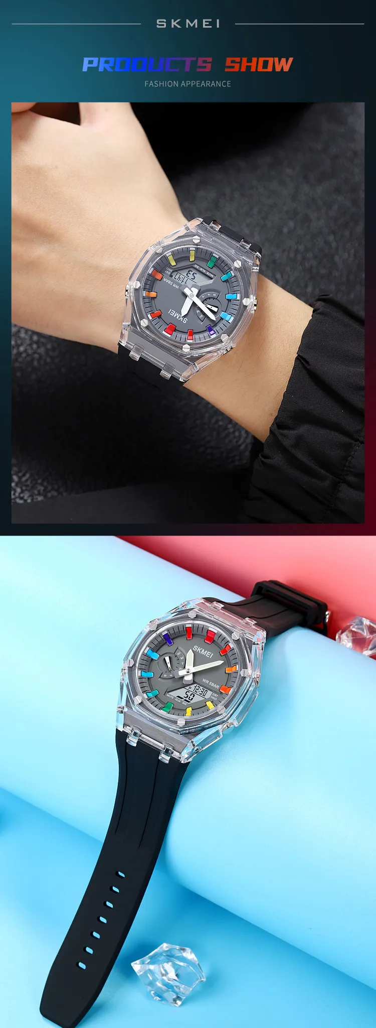 SKMEI 2100 Outdoor Men Digital Watch Colourful LED Display Watches Waterproof Shock Resistant Mens Wristwatch Clock reloj hombre