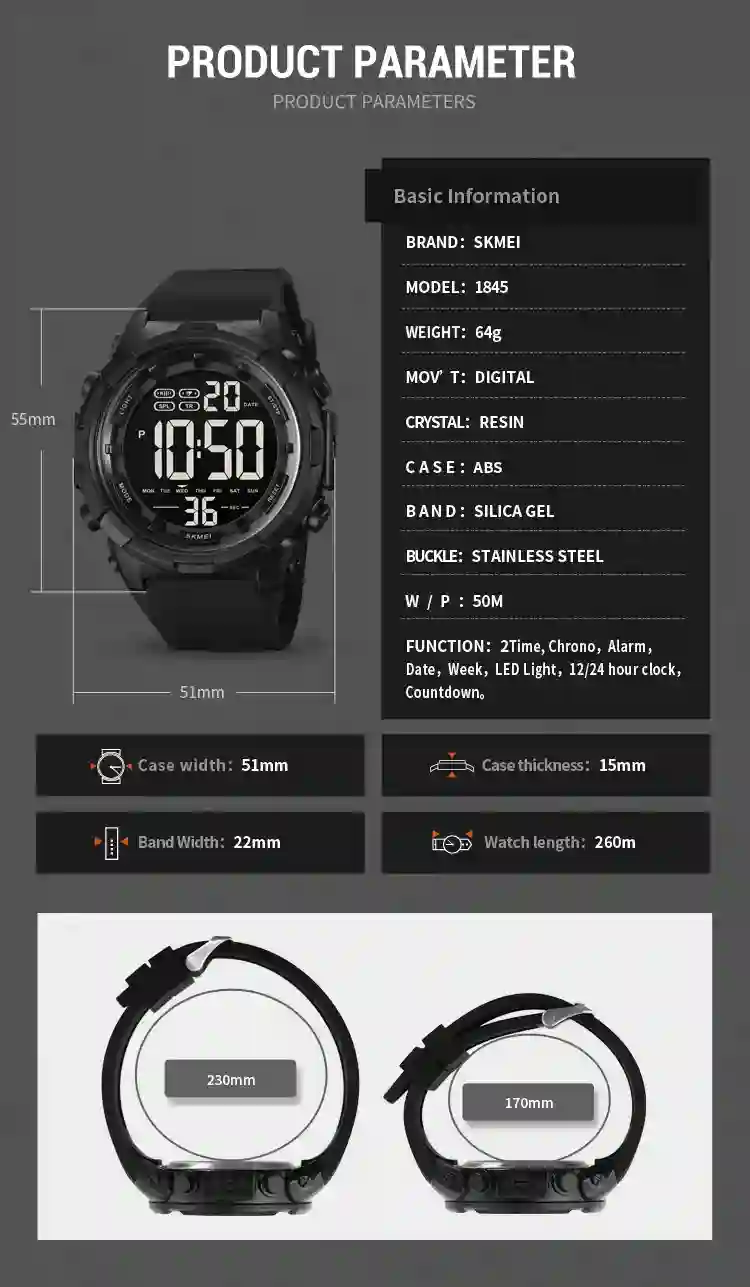 SKMEI 1845 Outdoor Military Sports Digital Mens Watches Countdown Waterproof Electronic Wristwatches Men Clock Relogio Masculino