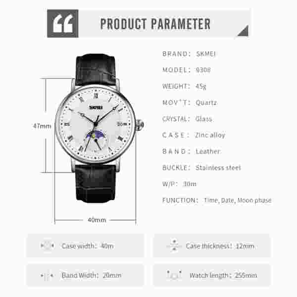SKMEI 9308 Men Quartz Watch Hour Markers Sun Moon Stars Date Calendar Waterproof - Image 6