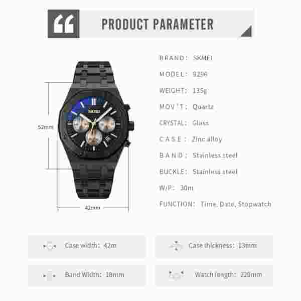 SKMEI 9296 Luxury Business Quartz Men's Watch Stainless Steel Calendar Waterproof - Image 6
