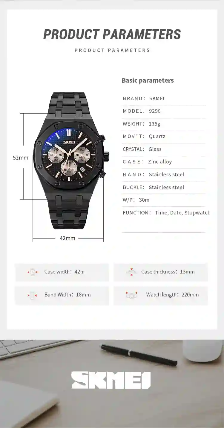 SKMEI 9296 Luxury Business Quartz Men's Watch Stainless Steel Calendar Waterproof Men Wrist watches Clock reloj hombre 9288
