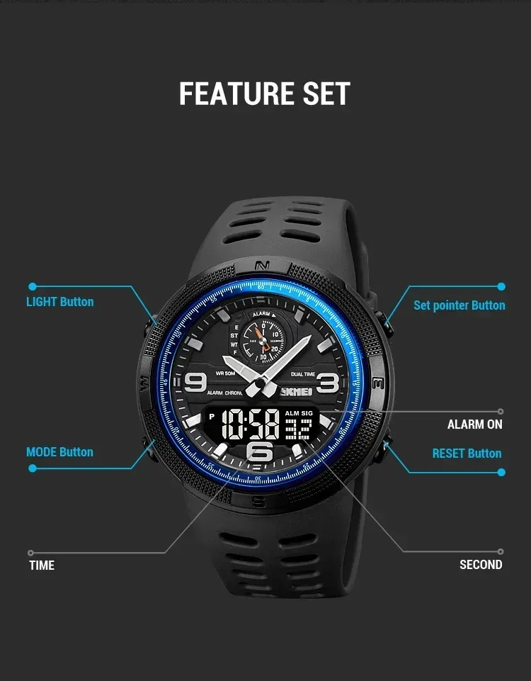 SKMEI 1655 Sport Digital Watch for Men Dual Display Waterproof Student Exploration Electronic Mens Wristwatches Back Light 1251