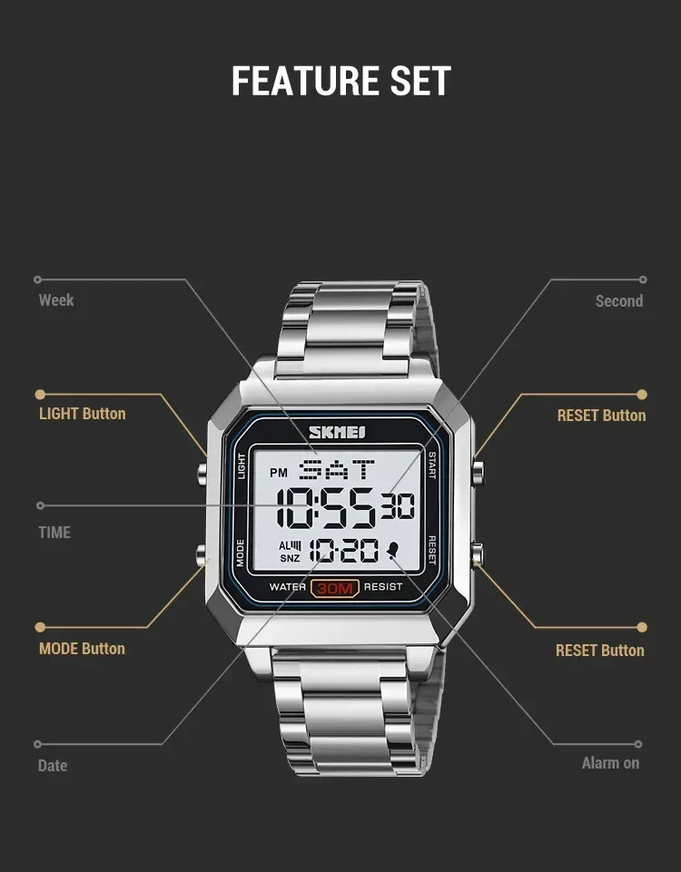 SKMEI 2149 Electronic Watch for Men Square Steel Student Sports Waterproof Back Light Digital Wristwatches Mens Reloj Hombre