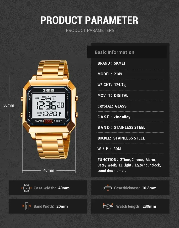 SKMEI 2149 Electronic Watch for Men Square Steel Student Sports Waterproof Back Light Digital Wristwatches Mens Reloj Hombre