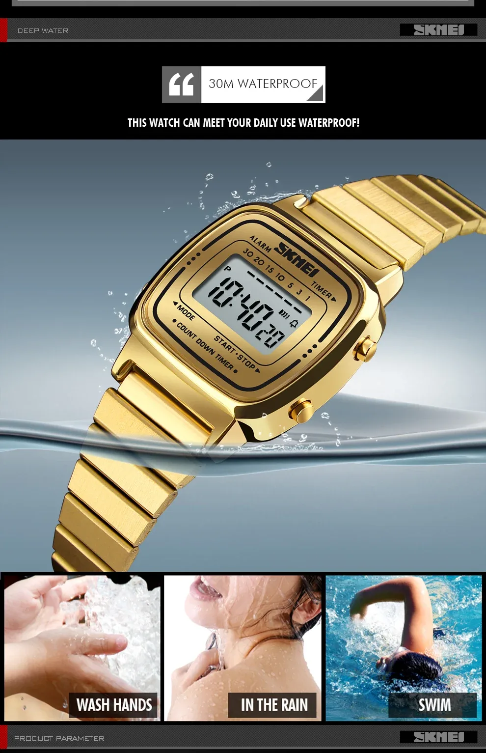 SKMEI 1252 Sport Watch Women 3Bar Waterproof Ladies Alarm Clock Digital Watch