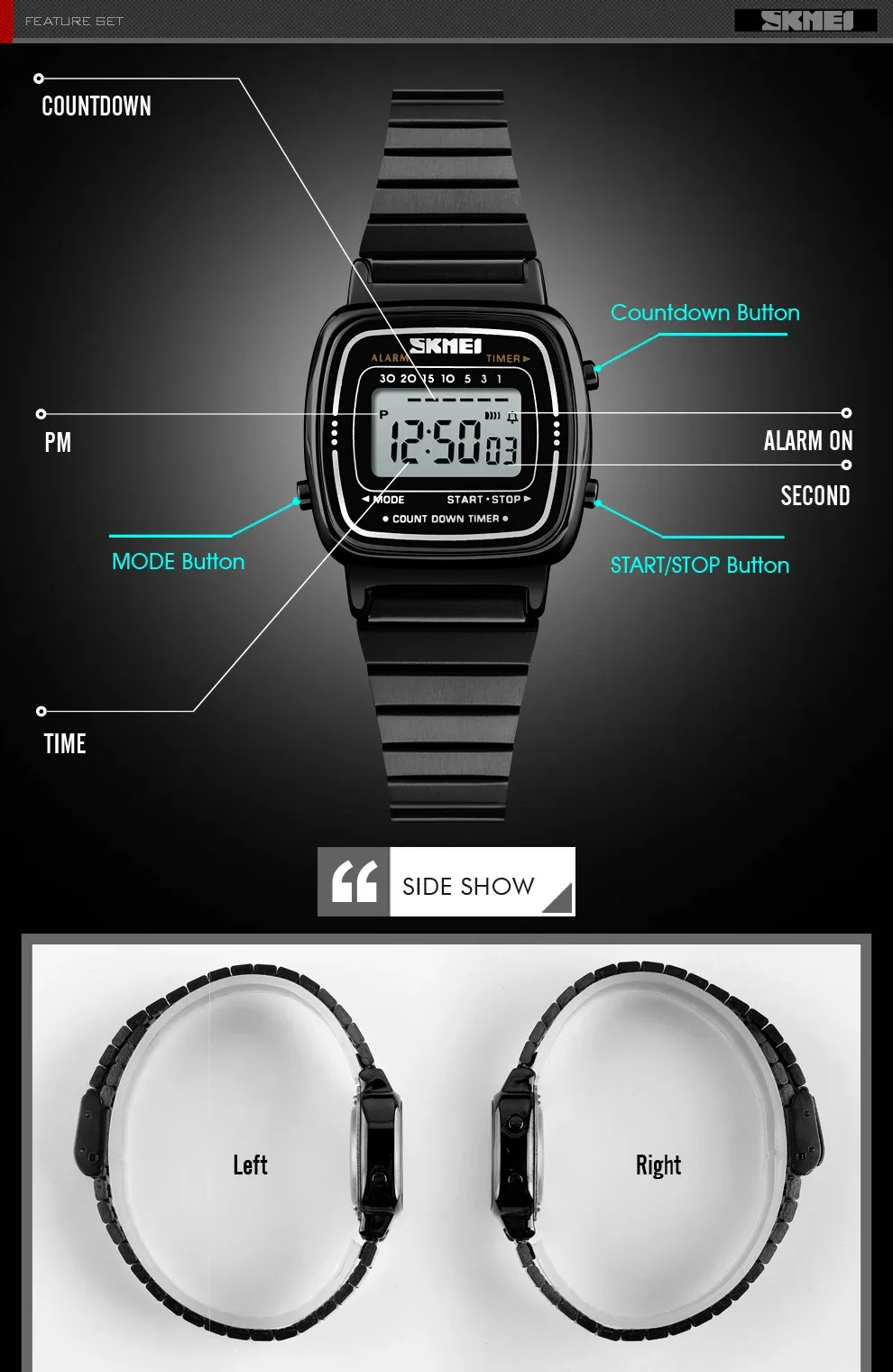 SKMEI 1252 Sport Watch Women 3Bar Waterproof Ladies Alarm Clock Digital Watch