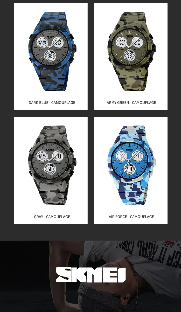 SKMEI 2109 Sport Watches Mens Multifunctional Time Military Camouflage Countdown Digital Men Wristwatch Waterproof Chrono Clock