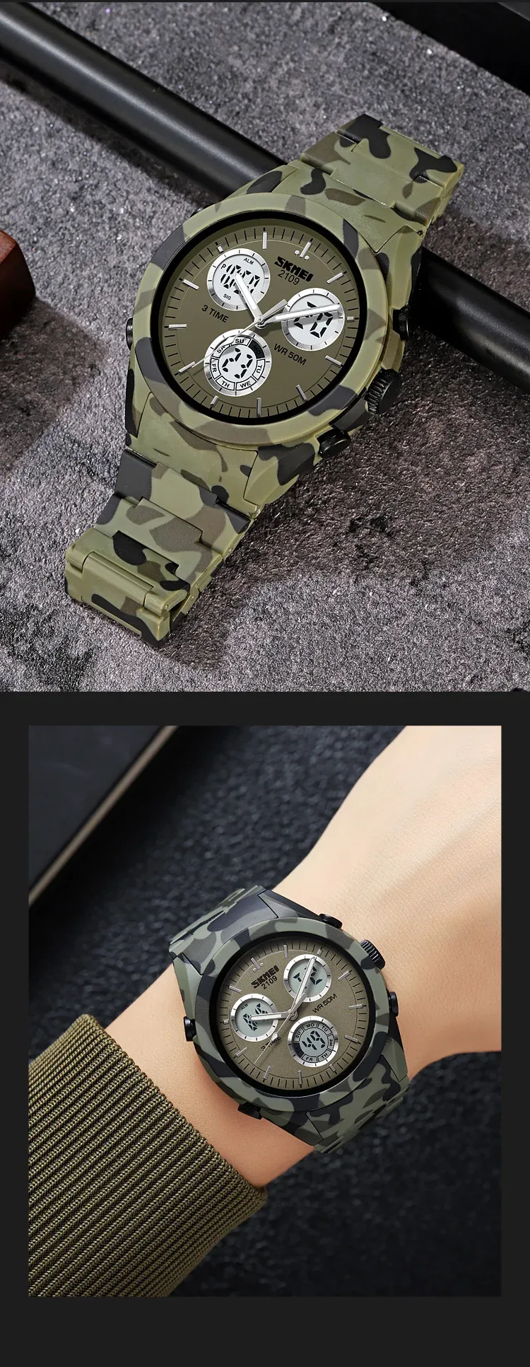 SKMEI 2109 Sport Watches Mens Multifunctional Time Military Camouflage Countdown Digital Men Wristwatch Waterproof Chrono Clock