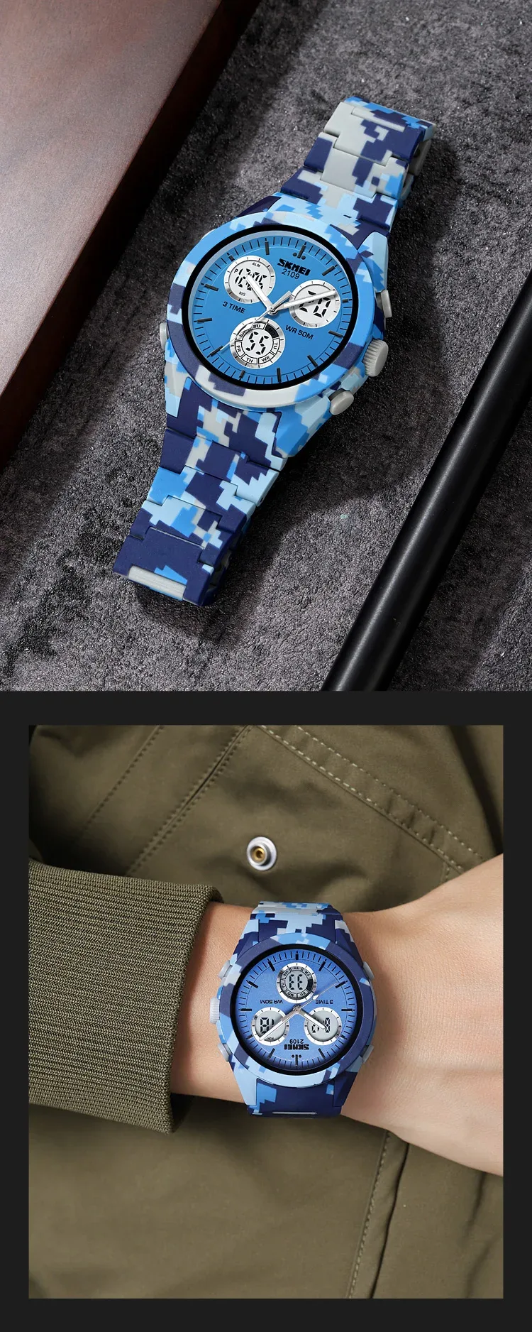 SKMEI 2109 Sport Watches Mens Multifunctional Time Military Camouflage Countdown Digital Men Wristwatch Waterproof Chrono Clock