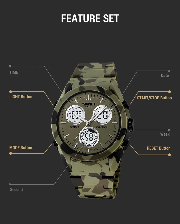 SKMEI 2109 Sport Watches Mens Multifunctional Time Military Camouflage Countdown Digital Men Wristwatch Waterproof Chrono Clock