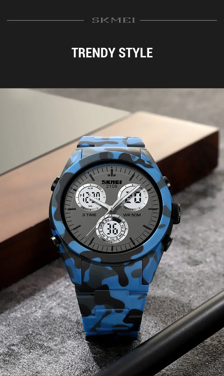 SKMEI 2109 Sport Watches Mens Multifunctional Time Military Camouflage Countdown Digital Men Wristwatch Waterproof Chrono Clock