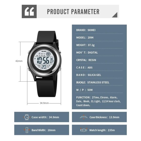 SKMEI 2094 Luxury Digital Womens Wristwatch Stopwatch Lady Back Light Waterproof - Image 6