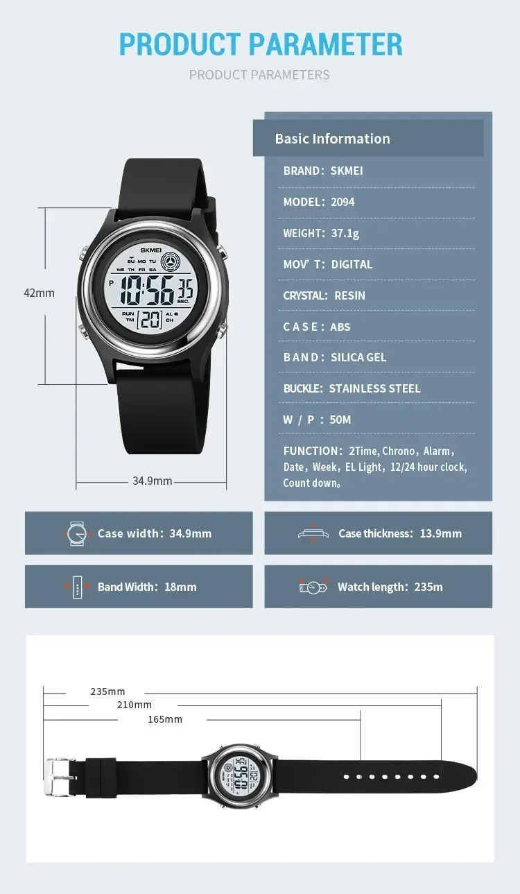 SKMEI 2094 Luxury Digital Womens Wristwatches Stopwatch Lady Back Light Waterproof Shockproof Countdown Watches for Women 1721