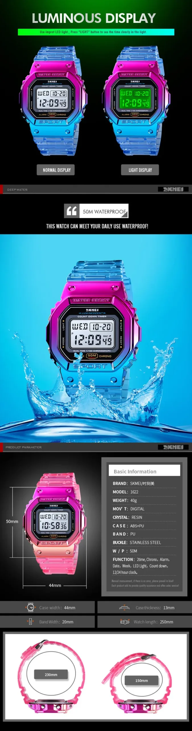 SKMEI Colorful Ladies Watch for Women Luxury Shockproof Teenager Girls Waterproof Digital Women's Wristwatches Sports Clock 1622