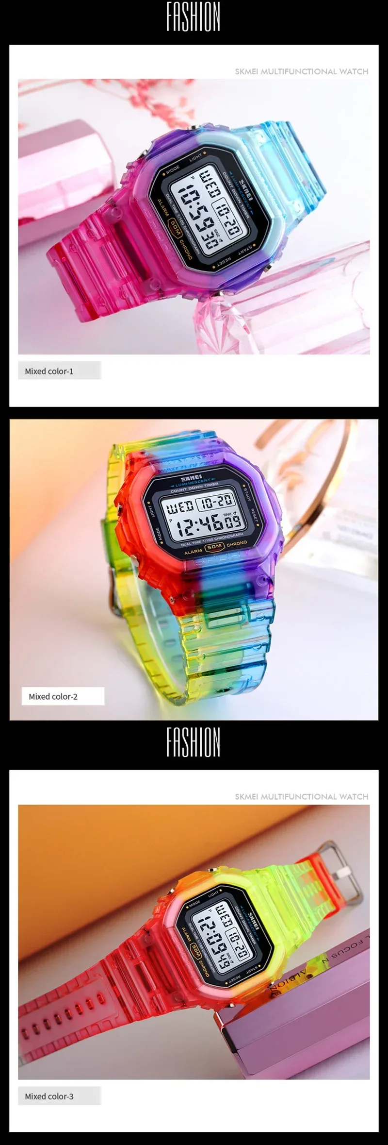 SKMEI Colorful Ladies Watch for Women Luxury Shockproof Teenager Girls Waterproof Digital Women's Wristwatches Sports Clock 1622