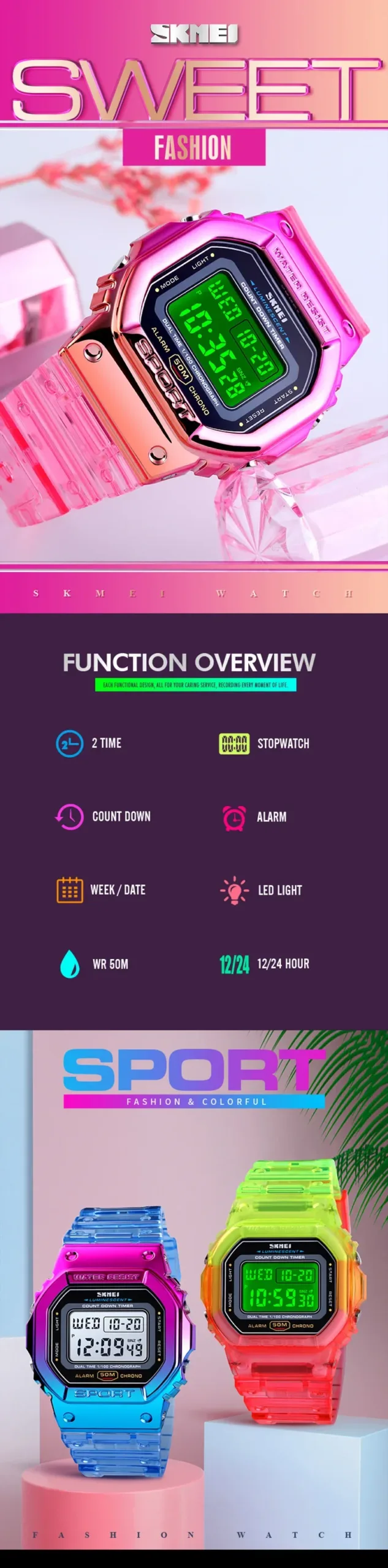 SKMEI Colorful Ladies Watch for Women Luxury Shockproof Teenager Girls Waterproof Digital Women's Wristwatches Sports Clock 1622