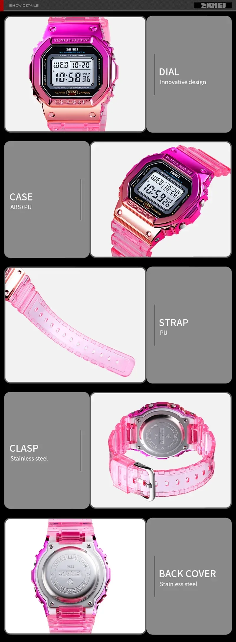 SKMEI Colorful Ladies Watch for Women Luxury Shockproof Teenager Girls Waterproof Digital Women's Wristwatches Sports Clock 1622