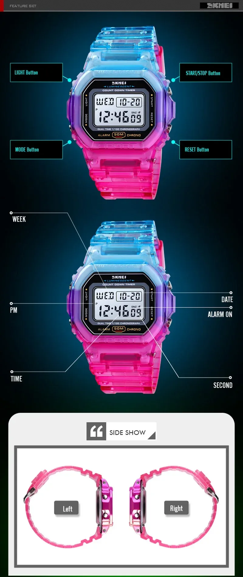 SKMEI Colorful Ladies Watch for Women Luxury Shockproof Teenager Girls Waterproof Digital Women's Wristwatches Sports Clock 1622