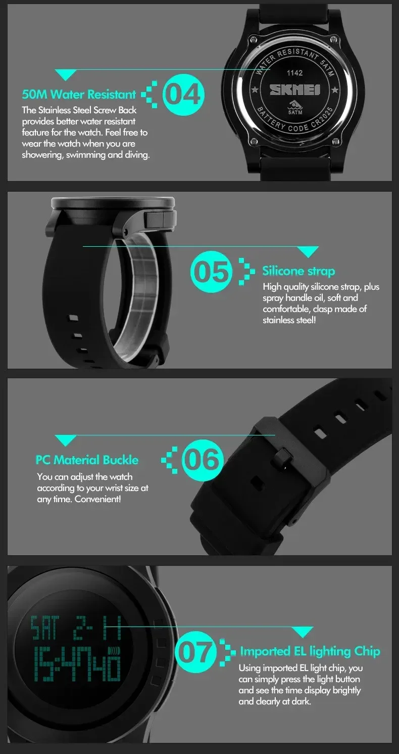 SKMEI Luxury Sports Wristwatch Mens Silicone Waterproof LED Display Military Digital Watch for Men Clock Relogio Masculino 1142
