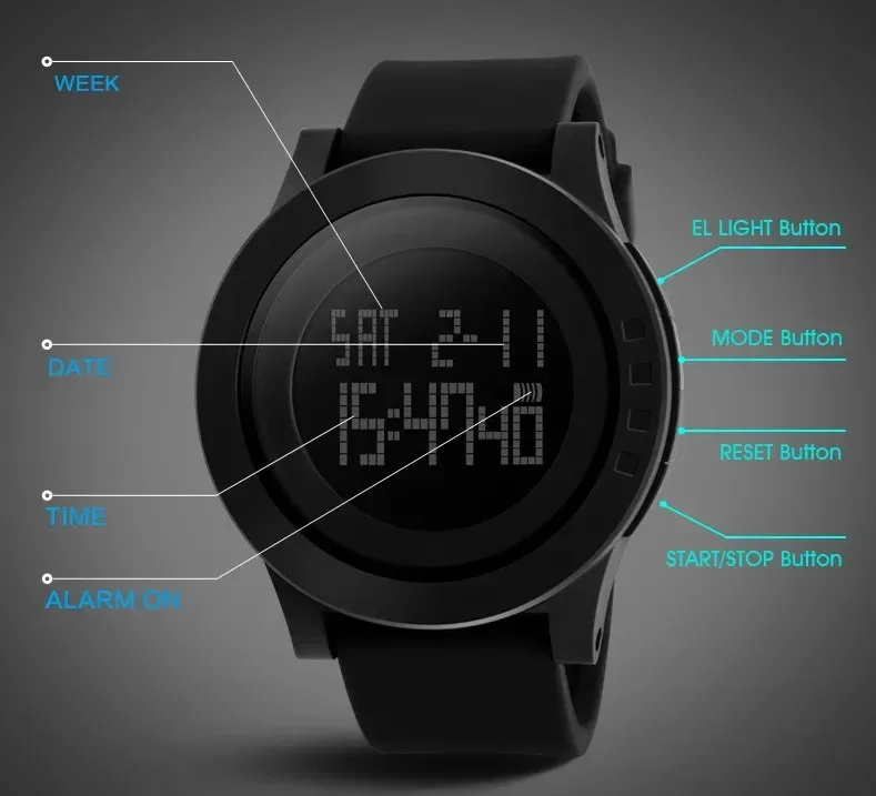 SKMEI Luxury Sports Wristwatch Mens Silicone Waterproof LED Display Military Digital Watch for Men Clock Relogio Masculino 1142