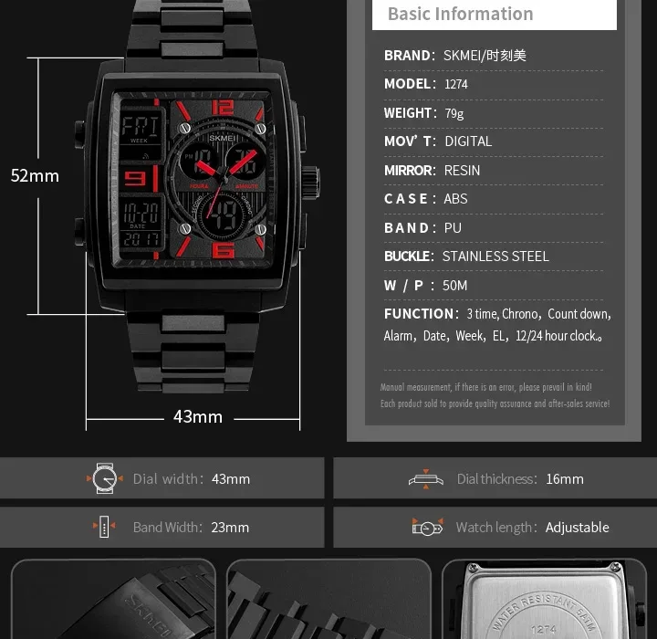 SKMEI Luxury Digital Watch for Men Countdown Date Sports Waterproof Electronic Wristwatches Mens Clock Relogio Masculino 1274