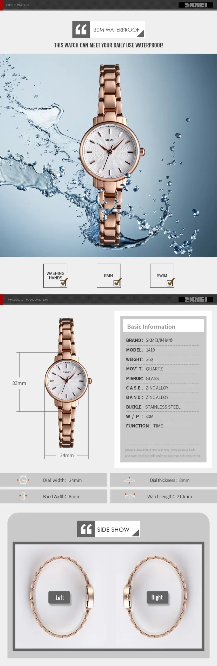 SKMEI Elegant Quartz Watch for Women Luxury Versatile Gold Ladies Shockproof Sports Waterproof Woman Wristwatches Girl Gift 1410
