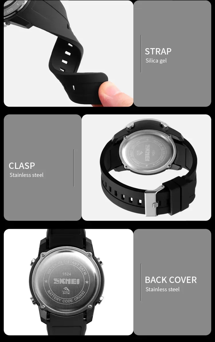 SKMEI Large Dial Sports Watch for Men Time LED Waterproof Countdown Electronic Digital Wristwatches Mens 1524 Reloj Para Hombre