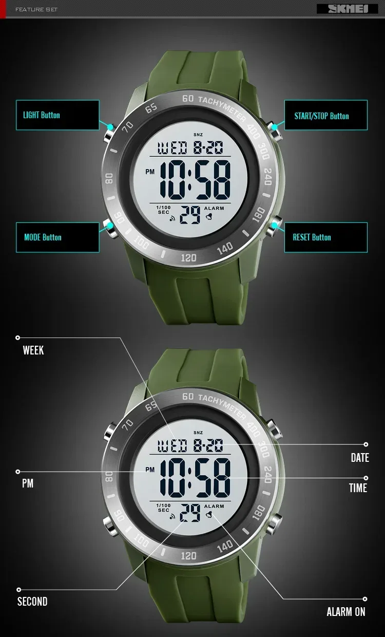 SKMEI Large Dial Sports Watch for Men Time LED Waterproof Countdown Electronic Digital Wristwatches Mens 1524 Reloj Para Hombre