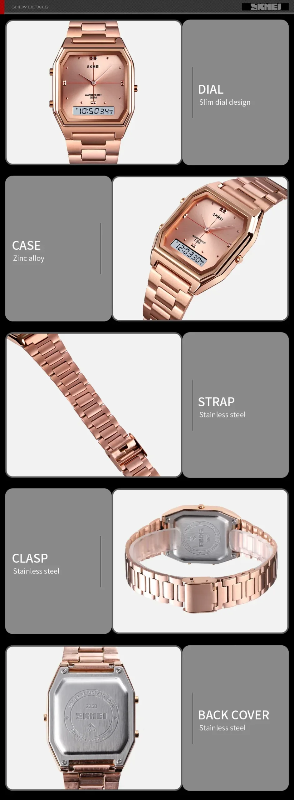SKMEI Luxury Quartz Watch for Woman Square Steel Waterproof Double Time Sport Leisure Digital Girl Wristwatches Women Clock 1612