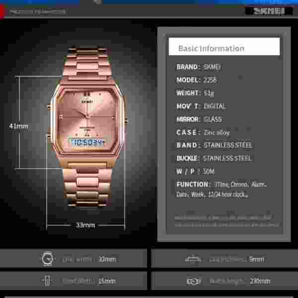 SKMEI 2258 Luxury Quartz Watch for Woman Square Steel Waterproof Double Time Sport - Image 6