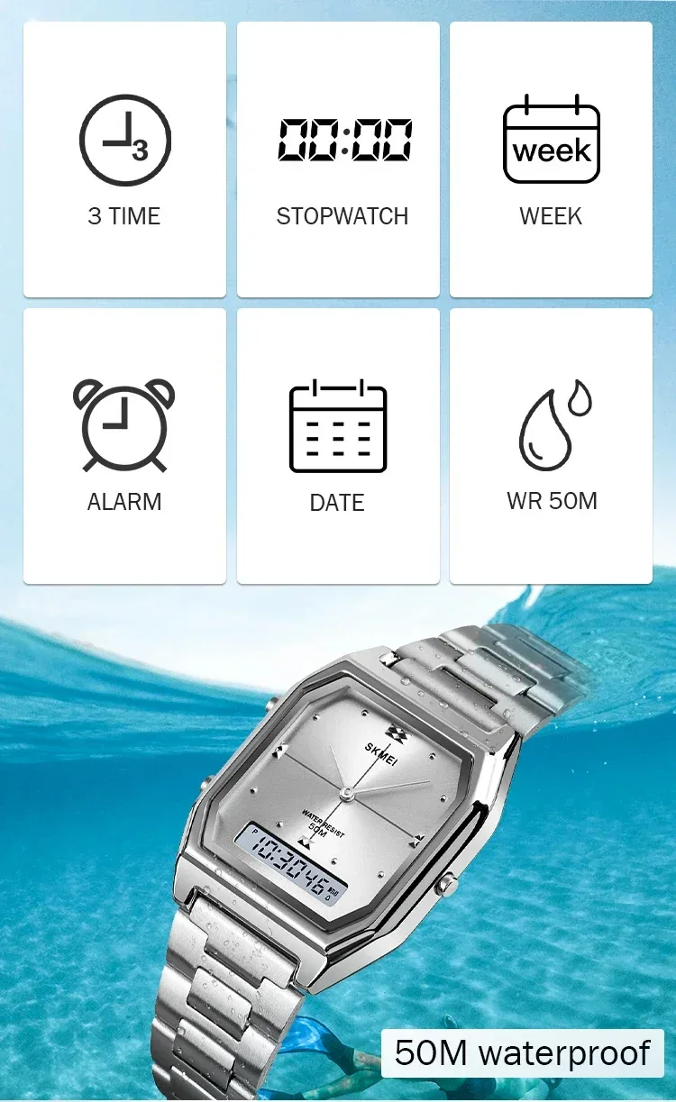 SKMEI Luxury Quartz Watch for Woman Square Steel Waterproof Double Time Sport Leisure Digital Girl Wristwatches Women Clock 1612