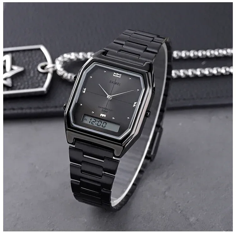 SKMEI Luxury Quartz Watch for Woman Square Steel Waterproof Double Time Sport Leisure Digital Girl Wristwatches Women Clock 1612