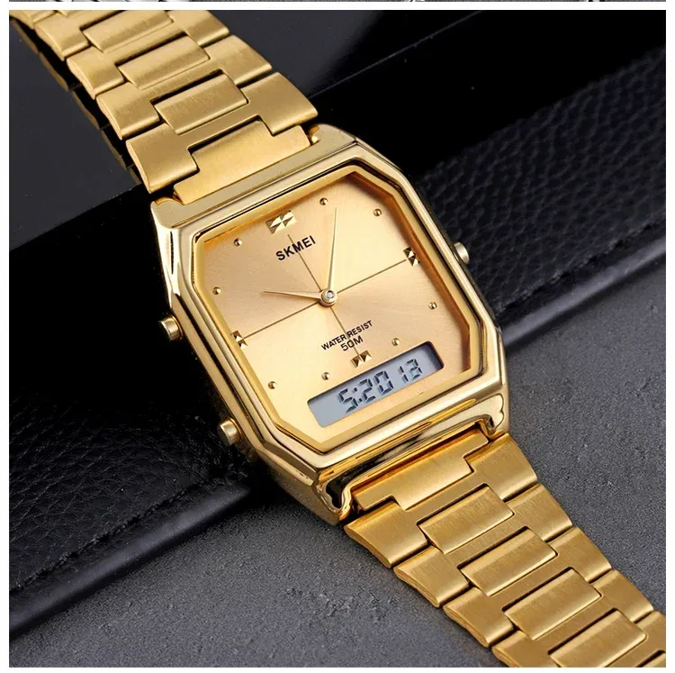 SKMEI Luxury Quartz Watch for Woman Square Steel Waterproof Double Time Sport Leisure Digital Girl Wristwatches Women Clock 1612