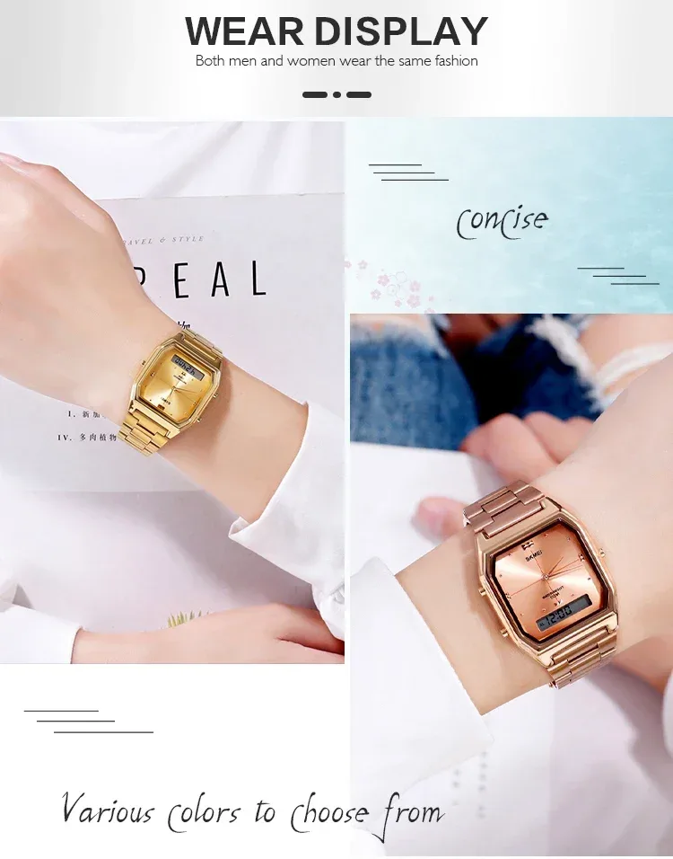 SKMEI Luxury Quartz Watch for Woman Square Steel Waterproof Double Time Sport Leisure Digital Girl Wristwatches Women Clock 1612