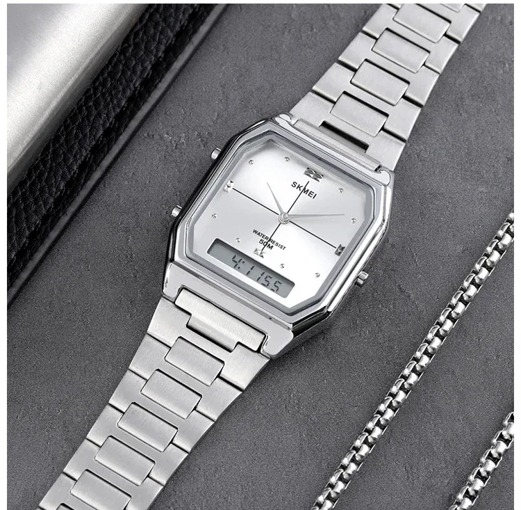 SKMEI Luxury Quartz Watch for Woman Square Steel Waterproof Double Time Sport Leisure Digital Girl Wristwatches Women Clock 1612
