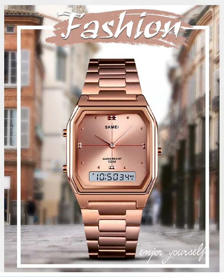 SKMEI Luxury Quartz Watch for Woman Square Steel Waterproof Double Time Sport Leisure Digital Girl Wristwatches Women Clock 1612